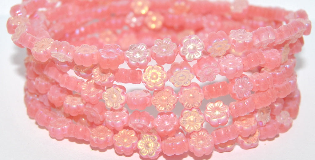 Hawaii Flower Pressed Glass Beads, Opal Pink Ab 2Xside (71010 Ab 2Xside), Glass, Czech Republic