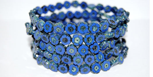 Table Cut Round Beads Hawaii Flowers, Rich Blue Stain Strong (33060 86805), Glass, Czech Republic