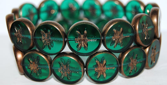 Table Cut Round Beads With Dragonfly, Transparent Green Emerald Bronze Matte (50720 14415M), Glass, Czech Republic