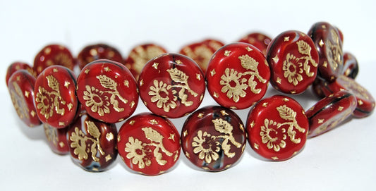 Round Flat With Flower Marguerite Pressed Glass Beads, (26907 54202), Glass, Czech Republic