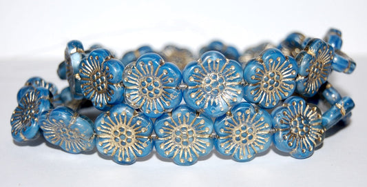 Flower Pressed Glass Beads, Turquise 54202 (64020 54202), Glass, Czech Republic