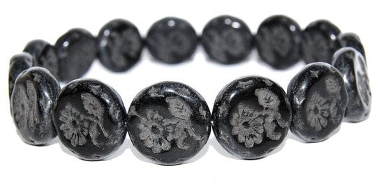 Round Flat With Flower Marguerite Pressed Glass Beads, Black (23980), Glass, Czech Republic