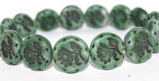 Round Flat With Flower Marguerite Pressed Glass Beads, (56100 23202), Glass, Czech Republic