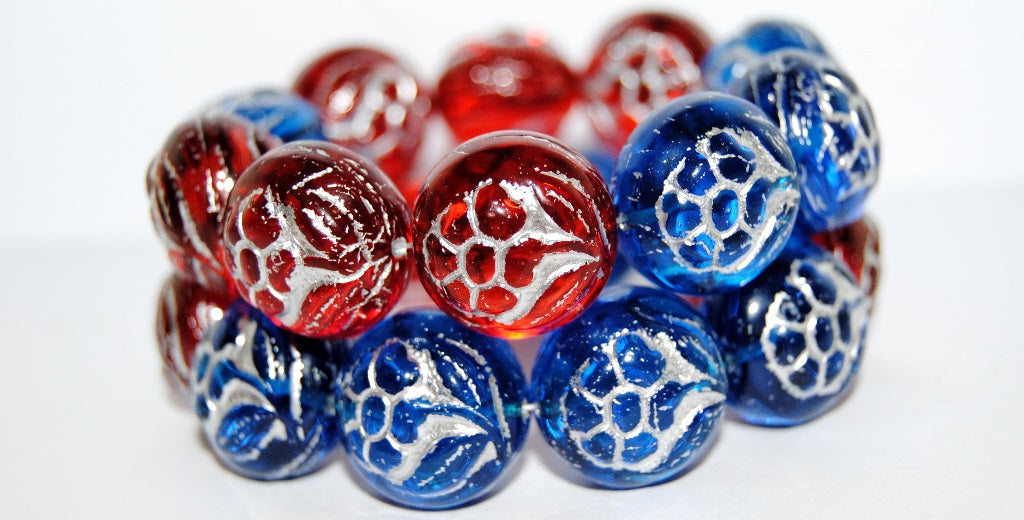 Round With Flower Pressed Glass Beads, Mixed Colors Silver Lined Crystal 54201 (Mix 1 54201), Glass, Czech Republic