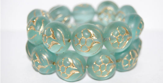 Round With Flower Pressed Glass Beads, Transparent Aqua 54202M (60010 54202M), Glass, Czech Republic