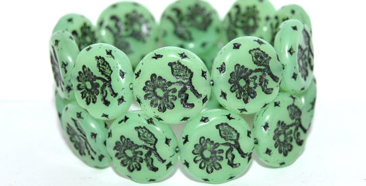 Round Flat With Flower Marguerite Pressed Glass Beads, (52010 46769 Uranium), Glass, Czech Republic