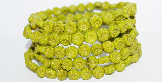 Hawaii Flower Pressed Glass Beads, Opaque Green 46480 (53410 46480), Glass, Czech Republic
