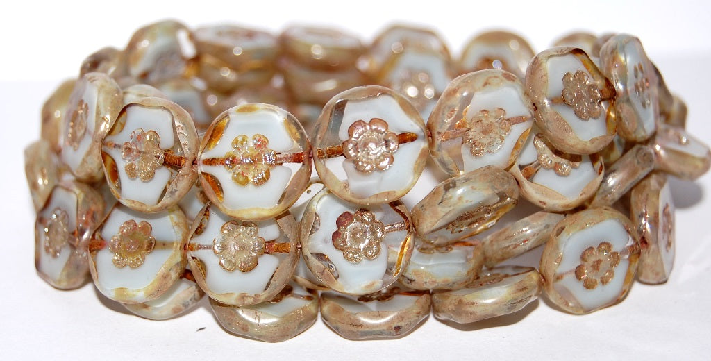 Table Cut Round Beads With Flower, (66018B 43400), Glass, Czech Republic