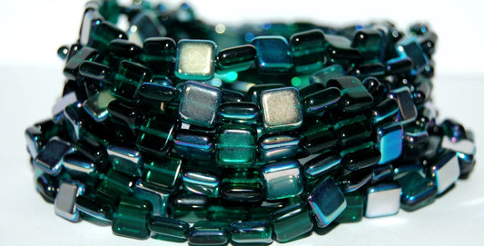 Flat Square Pressed Glass Beads, Transparent Green Emerald Ab (50720 Ab), Glass, Czech Republic