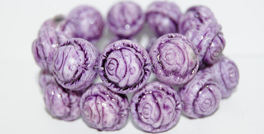 Round With Rose Flower Pressed Glass Beads, (Lava Glass Purple), Glass, Czech Republic