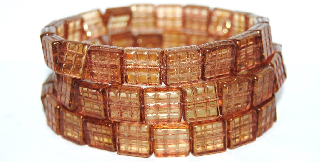 Table Cut Square Beads With Grid, 10020 Luster Red Full Coated (10020 14495), Glass, Czech Republic