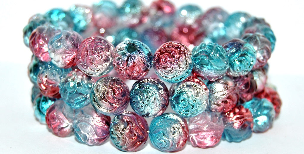 Round Rose Pressed Glass Beads, Crystal 48213 (30 48213), Glass, Czech Republic