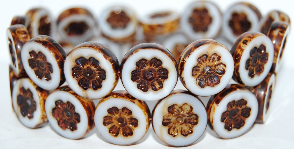 Table Cut Round Beads With Flower, Dark Beige Travertin (7193 86800), Glass, Czech Republic