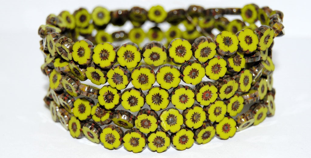 Table Cut Round Beads Hawaii Flowers, Opaque Green Travertin (53400 86800), Glass, Czech Republic