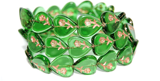 Heart Pressed Glass Beads With Flower, Transparent Green 54200 (50130 54200), Glass, Czech Republic