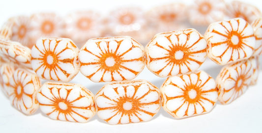 Rounded Rectangle With Flower Pressed Glass Beads, White 46489 (2010 46489), Glass, Czech Republic