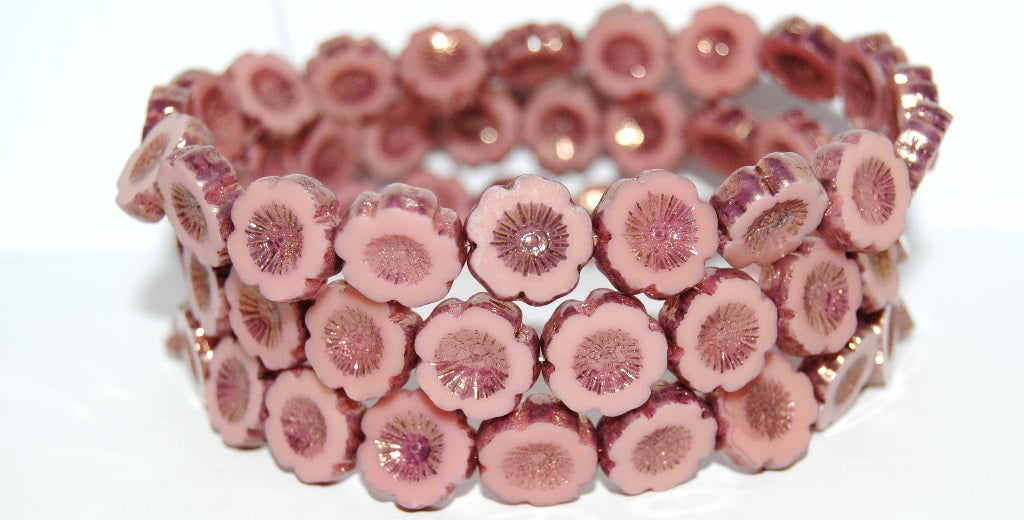 Table Cut Round Beads Hawaii Flowers, Opaque Pink Bronze (74010 14415), Glass, Czech Republic