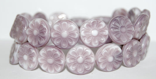 Flat Round With Flower Pressed Glass Beads, 7224 (7224), Glass, Czech Republic