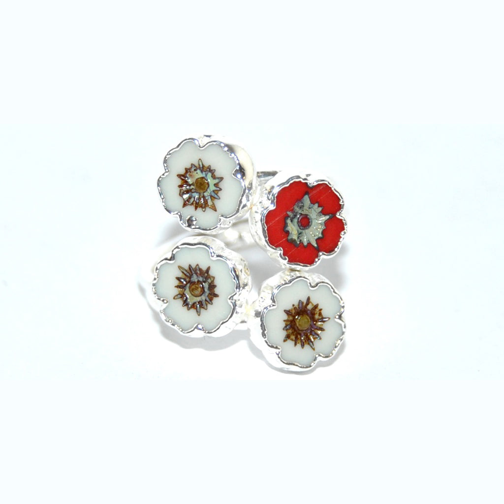 Adjustable Ring with Polished Czech Glass Bead, Hawaiian Flower 8 mm (G-34-CH)