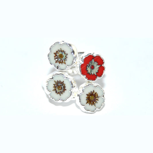 Adjustable Ring with Polished Czech Glass Bead, Hawaiian Flower 8 mm (G-34-CH)