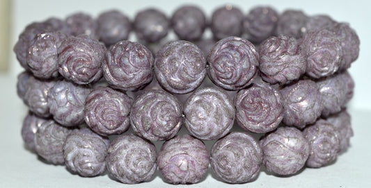 Round Rose Pressed Glass Beads, Purple Antiq (15726 Antiq), Glass, Czech Republic