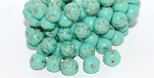 Round Pressed Glass Beads With Rose, Turquoise 54202 (63130 54202), Glass, Czech Republic