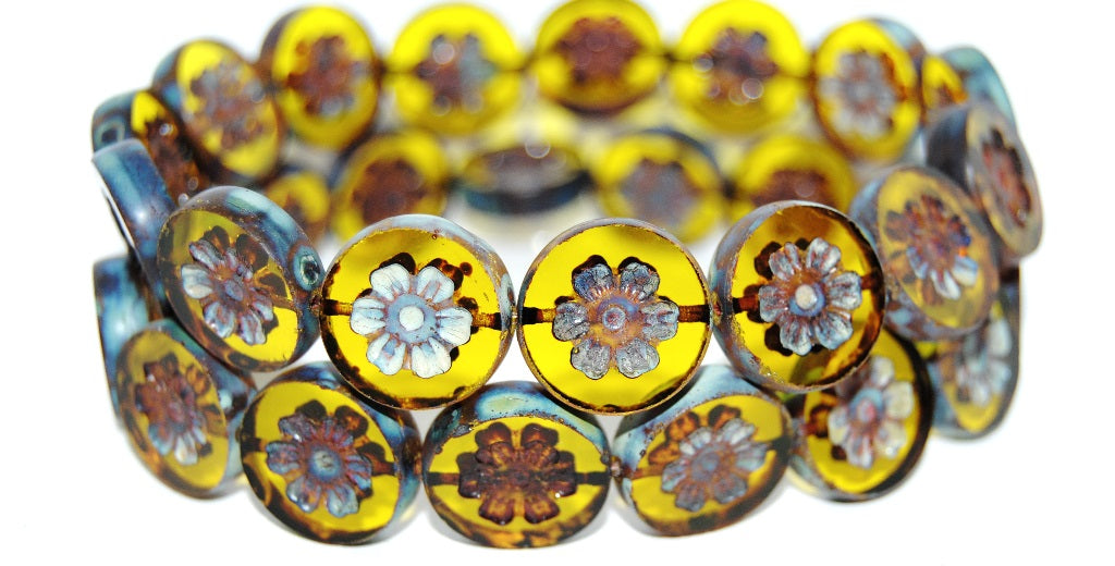 Table Cut Round Beads With Flower, Transparent Yellow 66800 (80020 66800), Glass, Czech Republic