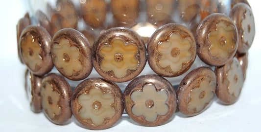 Table Cut Round Beads With Flower, Opal Orange Bronze (11000 14415), Glass, Czech Republic