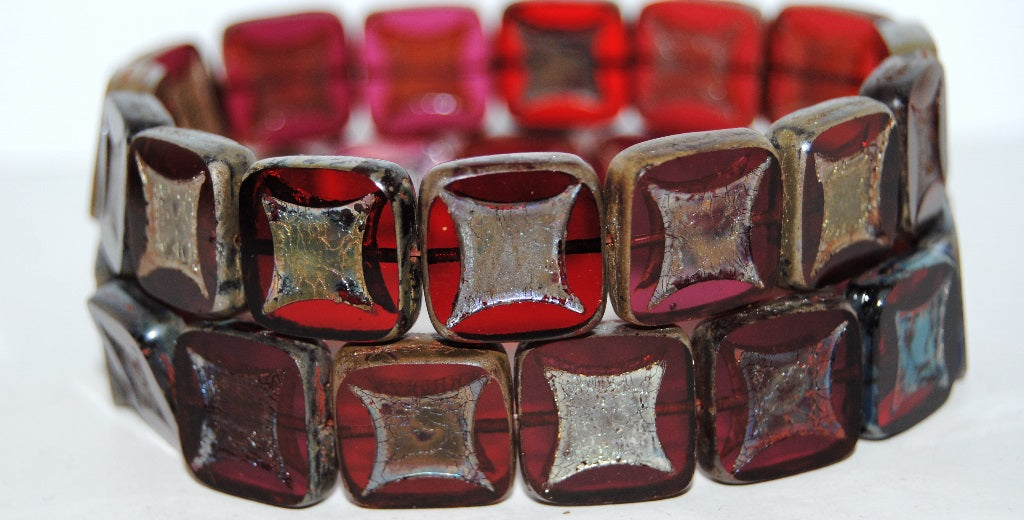 Table Cut Square Beads With Square, Mixed Colors Red Pink 43400 (Mix Red Pink 43400), Glass, Czech Republic