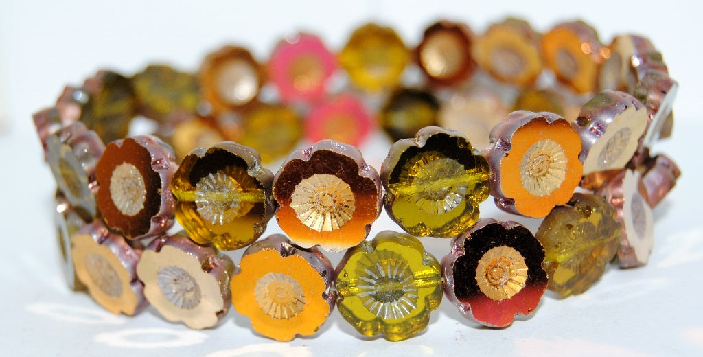 Table Cut Round Beads Hawaii Flowers, Transparent Yellow 27101 (80020 27101), Glass, Czech Republic