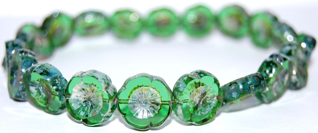 Table Cut Round Beads Hawaii Flowers, Transparent Green 43400 (50020 43400), Glass, Czech Republic