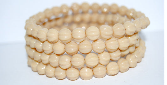 Melon Round Pressed Glass Beads With Stripes, Beige (13020), Glass, Czech Republic