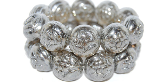 Round With Flower Pressed Glass Beads, Gray Hematite (40010 14400), Glass, Czech Republic