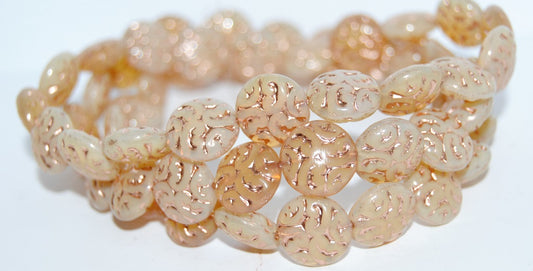 Lentil Round With Ornament Brain Pressed Glass Beads, (Beige Opal 54200), Glass, Czech Republic