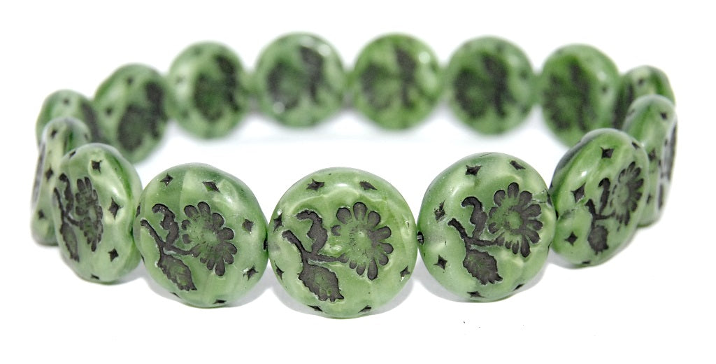 Round Flat With Flower Marguerite Pressed Glass Beads, (56027 23202), Glass, Czech Republic