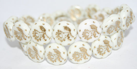 Round Flat With Flower Marguerite Pressed Glass Beads, (84010 54202), Glass, Czech Republic