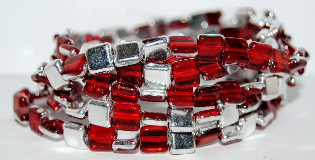 Flat Square Pressed Glass Beads, Transparent Red Crystal Silver Half Coating (90060 27001), Glass, Czech Republic