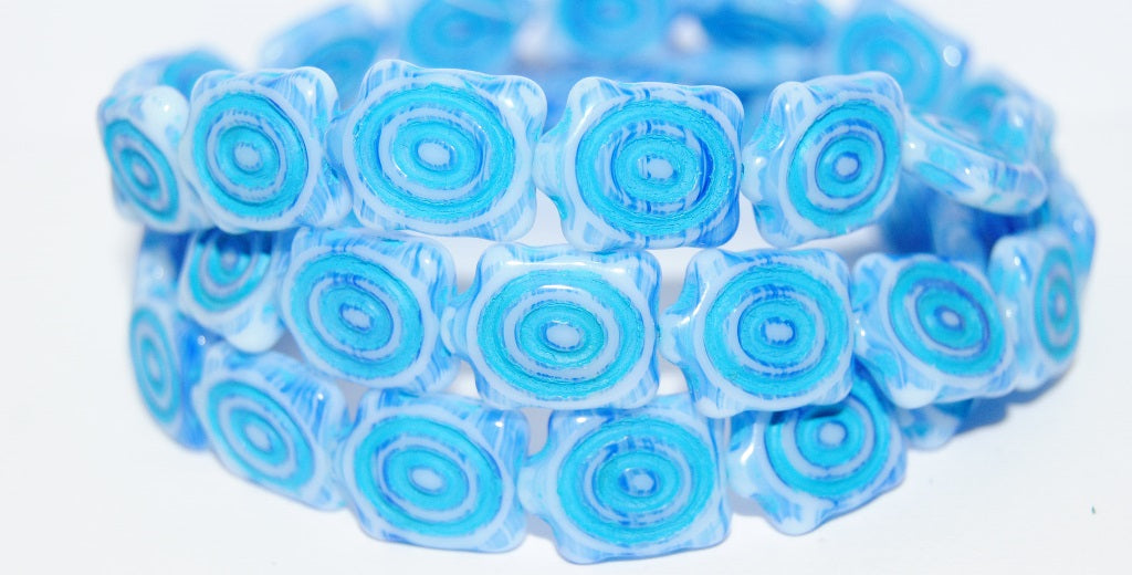 Spiral Turtle Pressed Glass Beads, Opaque White Blue Striped 46460 (35000 46460), Glass, Czech Republic