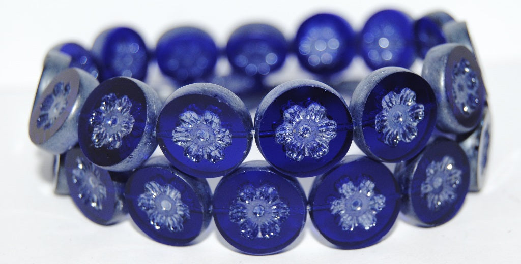 Table Cut Round Beads With Flower, Transparent Blue Luster Cream (30080 14401), Glass, Czech Republic