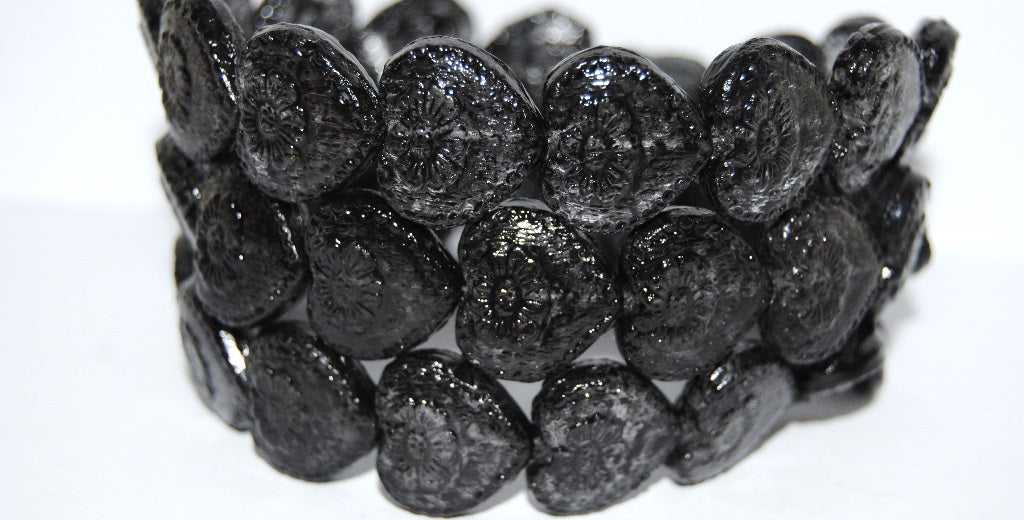 Heart With Flower Pressed Glass Beads, (Lava Glass 43620), Glass, Czech Republic