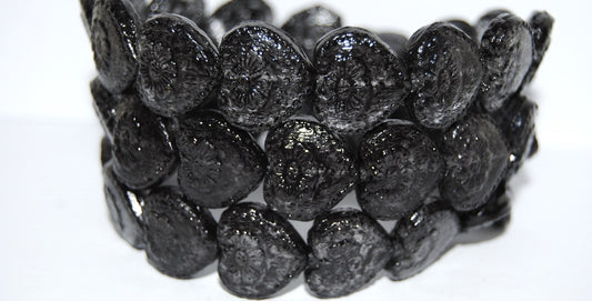 Heart With Flower Pressed Glass Beads, (Lava Glass 43620), Glass, Czech Republic