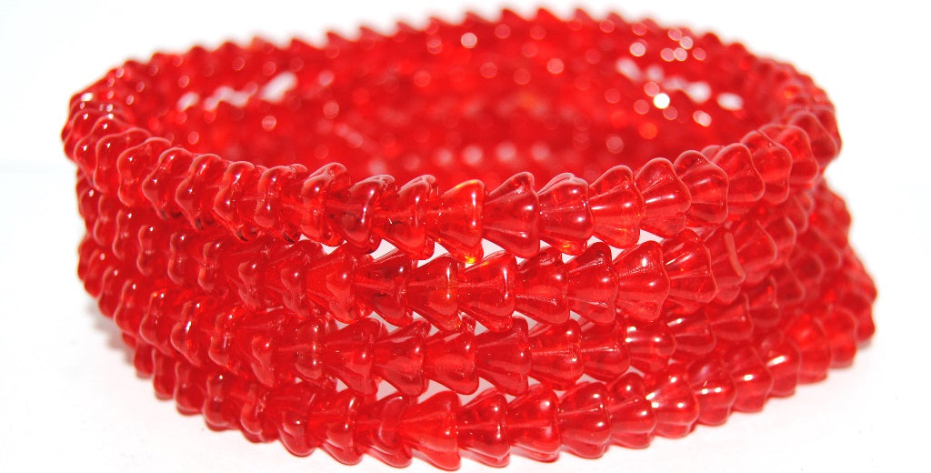 Bell Flower Pressed Glass Beads, Ruby Red (90080), Glass, Czech Republic