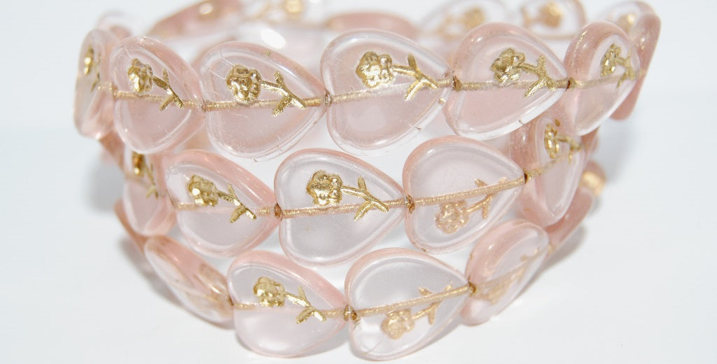 Heart Pressed Glass Beads With Flower, Transparent Pink 54202 (70100 54202), Glass, Czech Republic