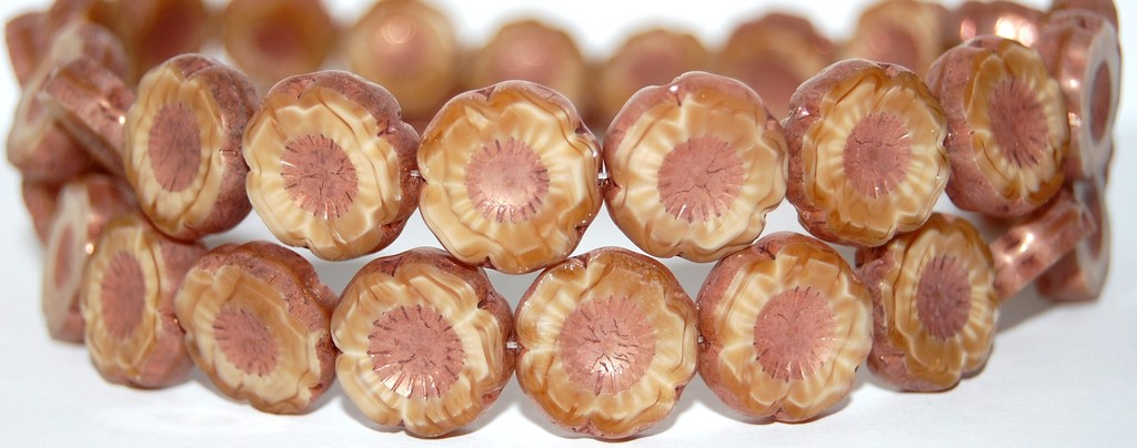 Table Cut Round Beads Hawaii Flowers, M14010 Bronze (M14010 14415), Glass, Czech Republic