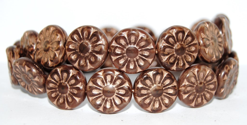 Flat Round With Flower Pressed Glass Beads, (17602 54200), Glass, Czech Republic
