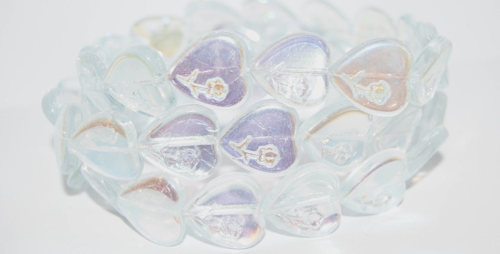 Heart Pressed Glass Beads With Flower, Transparent Blue Ab (30010 Ab), Glass, Czech Republic