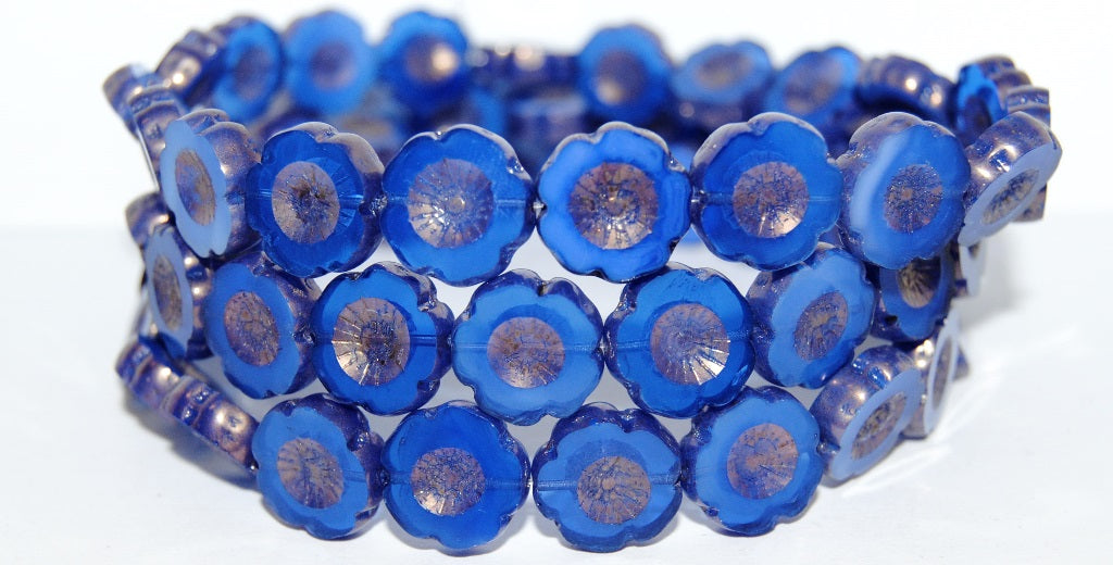 Table Cut Round Beads Hawaii Flowers, Opaque Blue Bronze (33030 14415), Glass, Czech Republic