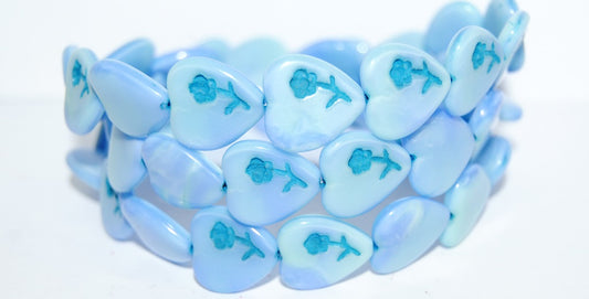 Heart Pressed Glass Beads With Flower, (67514 46460), Glass, Czech Republic