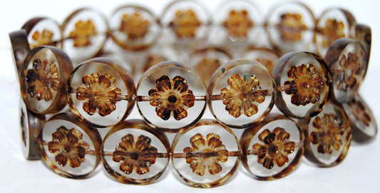 Table Cut Round Beads With Flower, Gray Travertin (40010 86800), Glass, Czech Republic