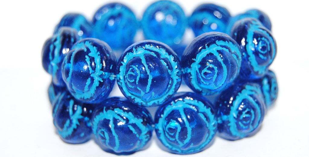 Round With Rose Flower Pressed Glass Beads, Transparent Aqua 46460 (60050 46460), Glass, Czech Republic